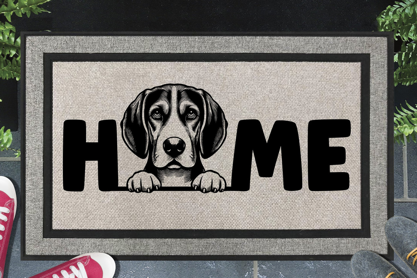 American English Coonhound doormat with HOME text - durable welcome mat with coonhound design - 18x30 size available