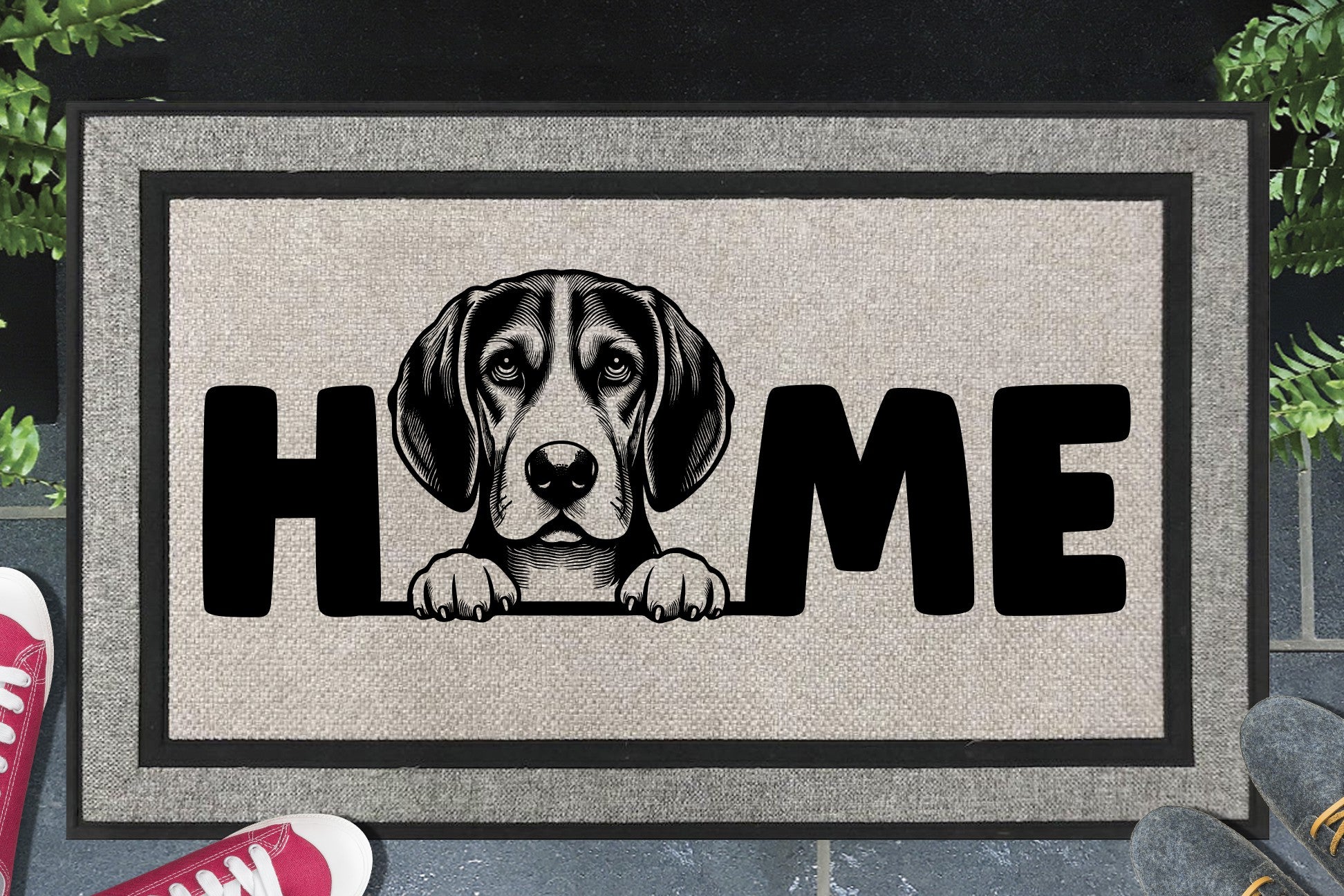 American English Coonhound doormat with HOME text - durable welcome mat with coonhound design - 18x30 size available