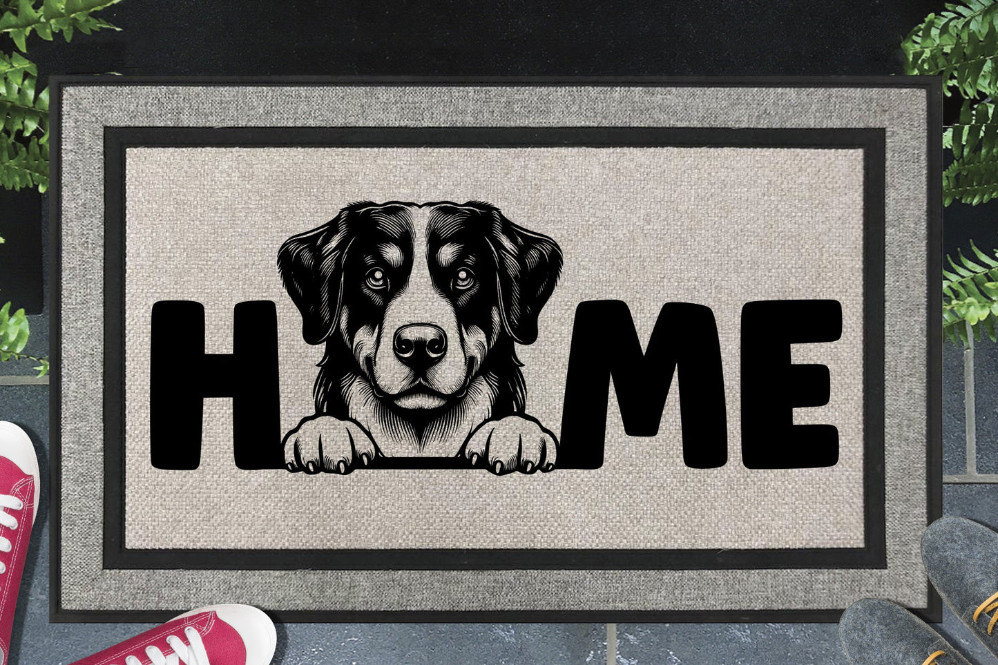Appenzeller Sennenhund doormat with HOME text - durable welcome mat with Swiss dog design 