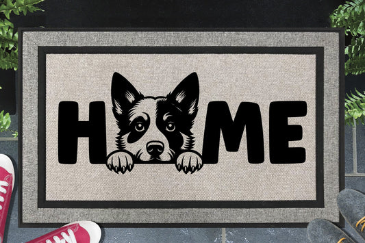 Australian Cattle Dog doormat with HOME text - woven polyester outdoor mat - 18x30 non-slip entryway mat