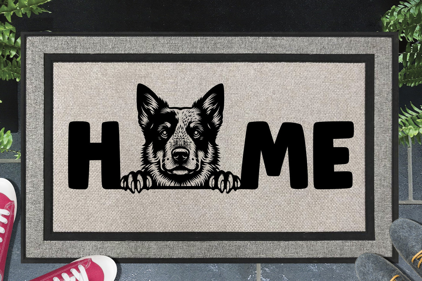 Australian Cattle Dog doormat with HOME text - woven polyester outdoor mat featuring Australian Cattle Dog design - 18x30 non-slip entryway mat