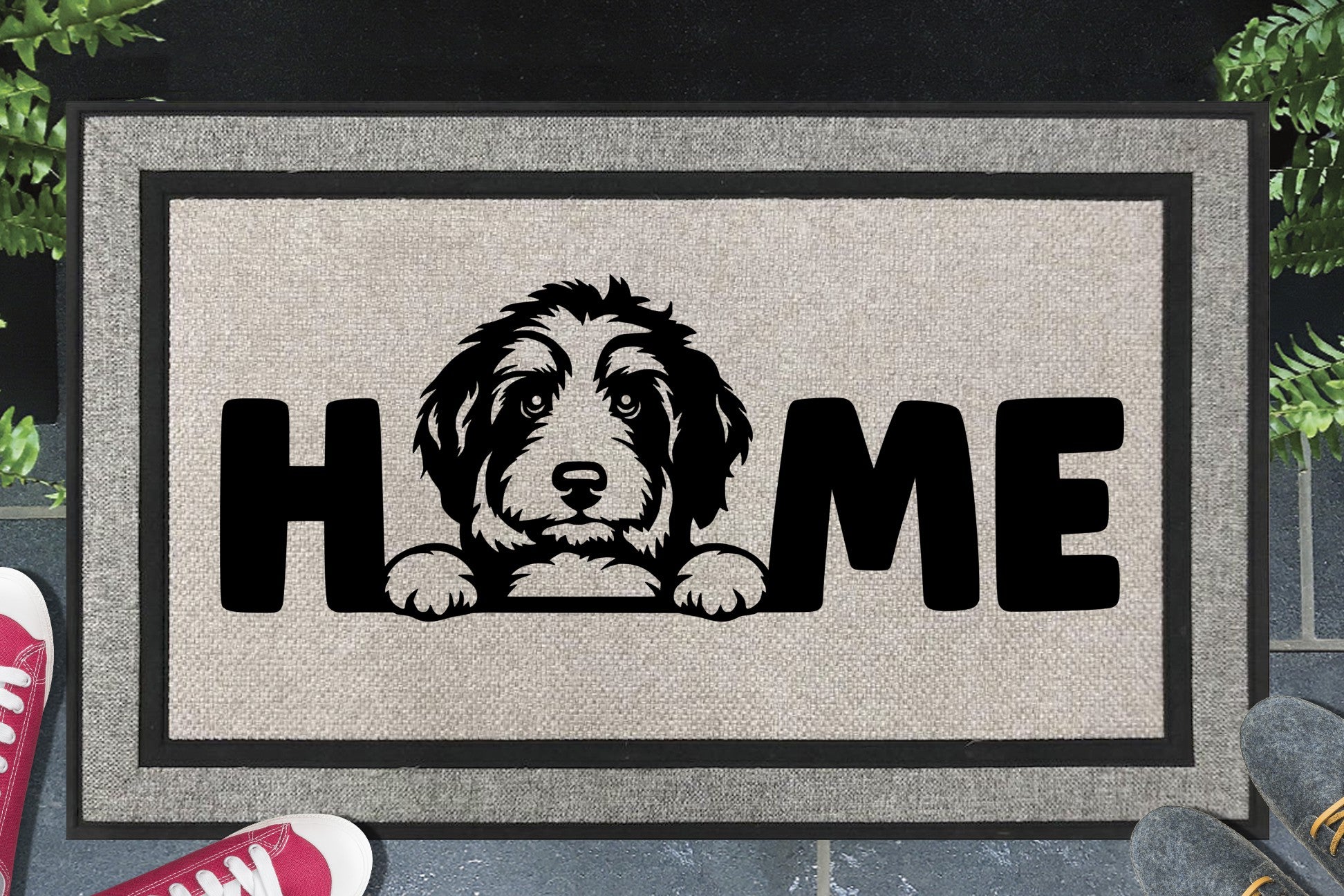 Bernedoodle all weather doormat with HOME text - durable synthetic fiber welcome mat for dog lovers