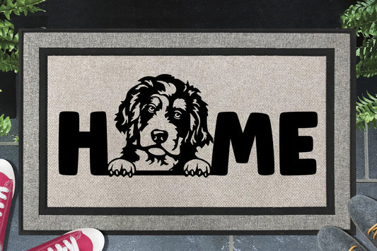 Bernedoodle all weather doormat with HOME text - durable synthetic fiber welcome mat for dog lovers