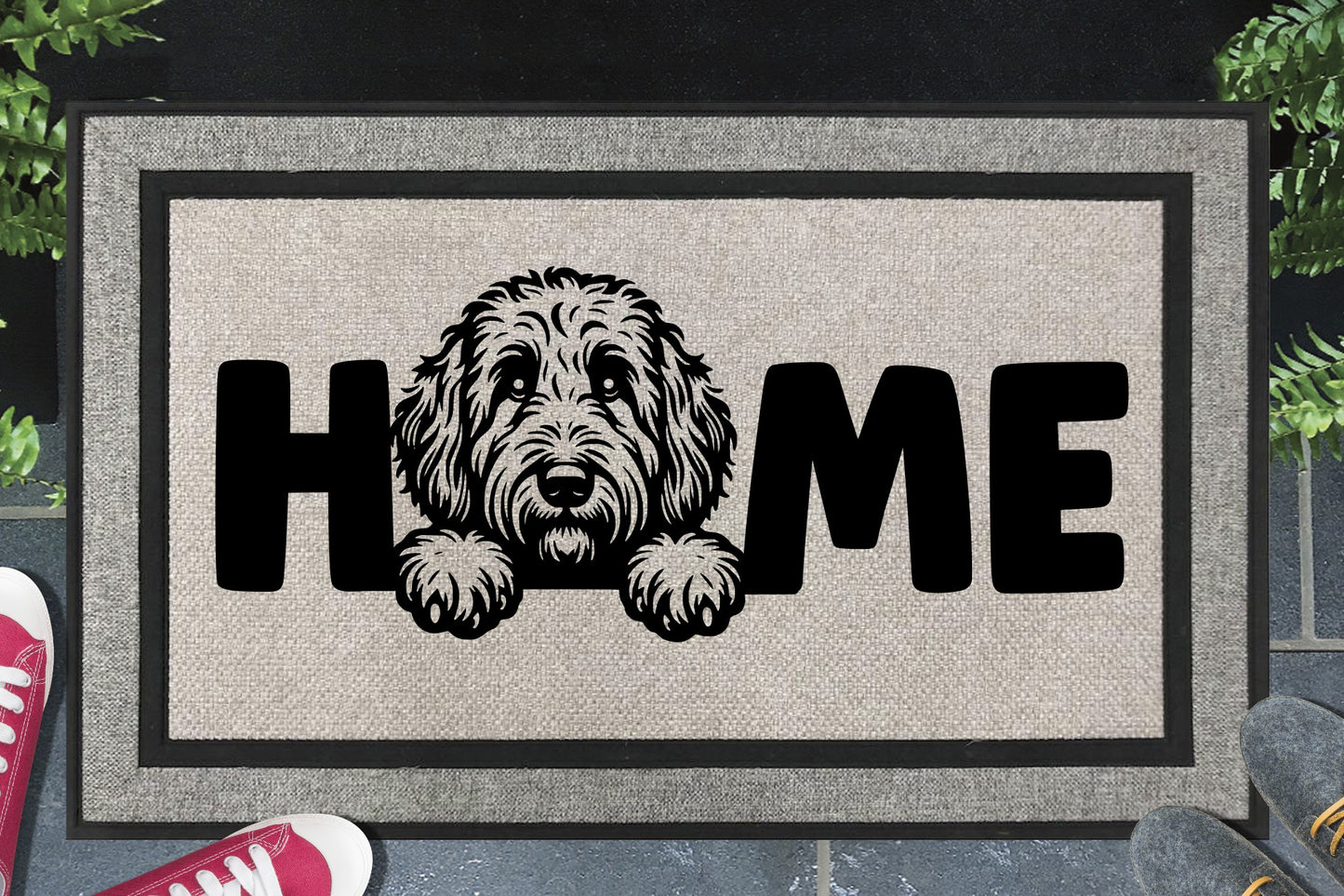 Bernedoodle all weather doormat with HOME text - durable synthetic fiber welcome mat for dog lovers