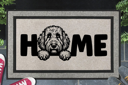 Bernedoodle all weather doormat with HOME text - durable synthetic fiber welcome mat for dog lovers