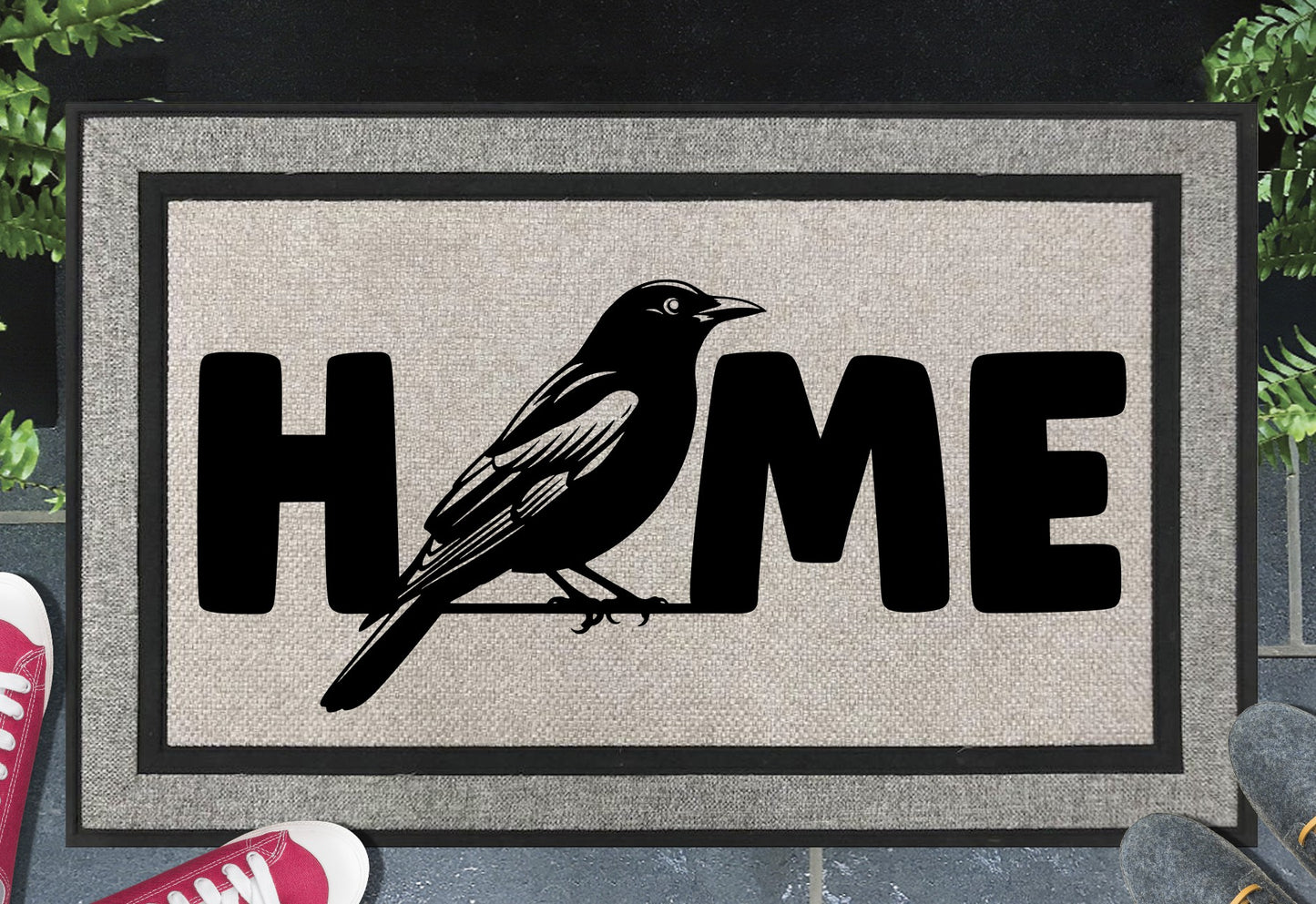 Blackbird all weather doormat with HOME text - durable synthetic fiber welcome mat for bird lovers