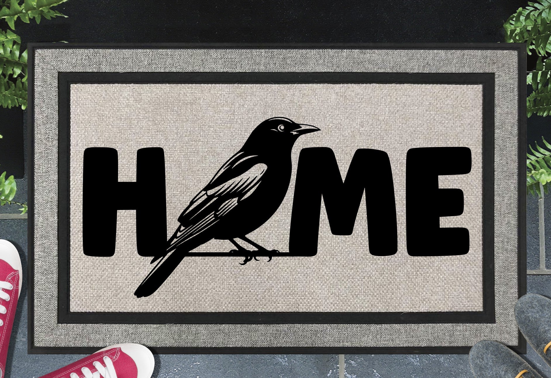 Blackbird all weather doormat with HOME text - durable synthetic fiber welcome mat for bird lovers