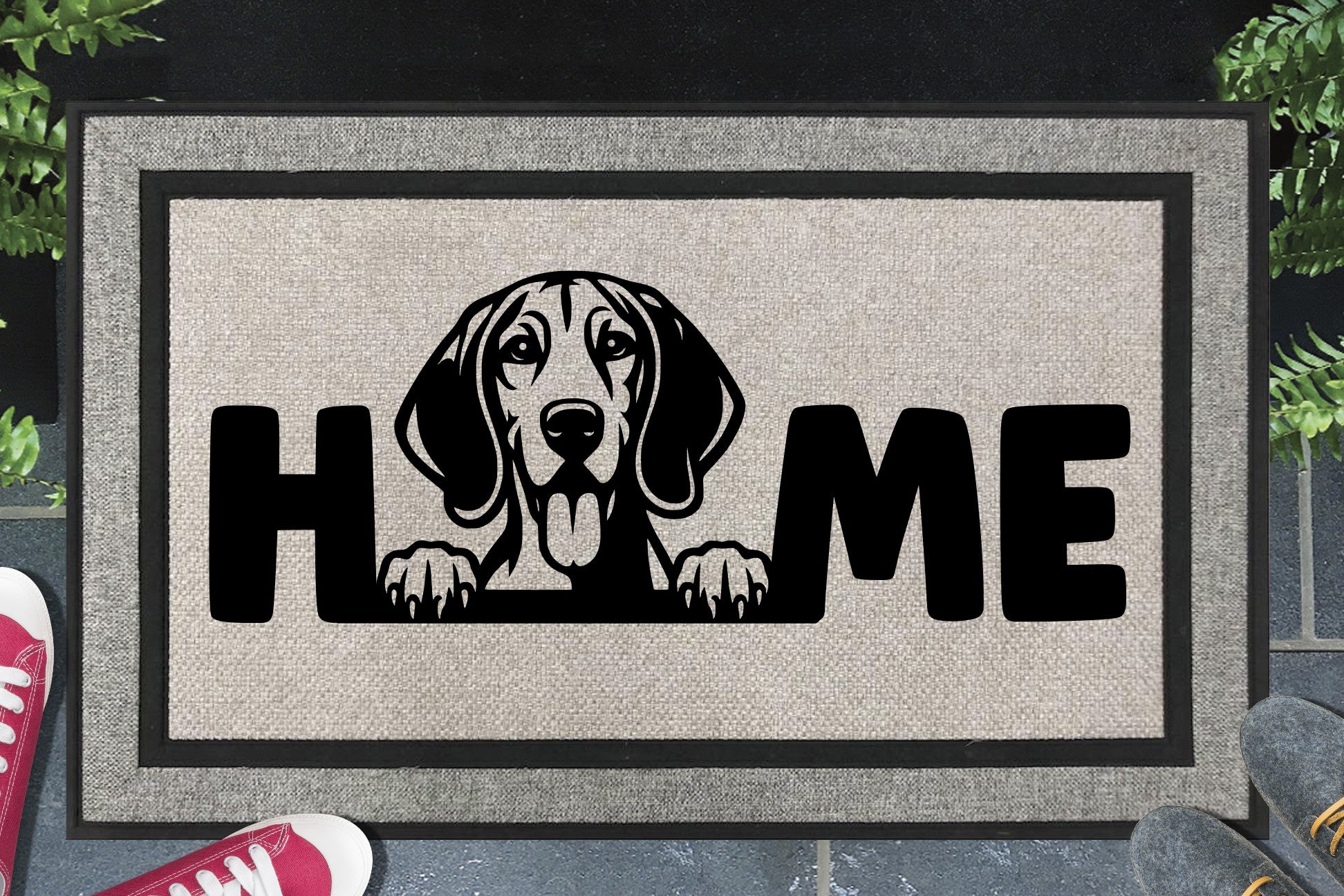 Black and Tan Coonhound all weather doormat with HOME text - durable welcome mat with coonhound design - 18x30 size available
