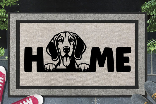 Black and Tan Coonhound all weather doormat with HOME text - durable welcome mat with coonhound design - 18x30 size available