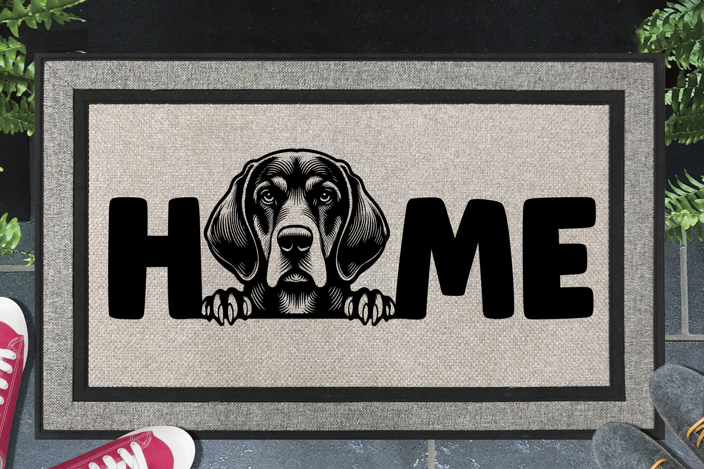 Bluetick Coonhound all weather doormat with HOME text - durable welcome mat with Bluetick Coonhound design - 18x30 size available