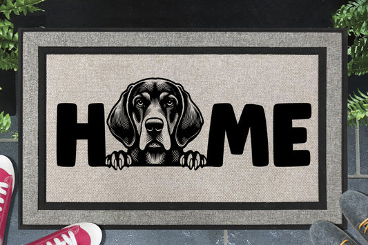 Bluetick Coonhound all weather doormat with HOME text - durable welcome mat with Bluetick Coonhound design - 18x30 size available