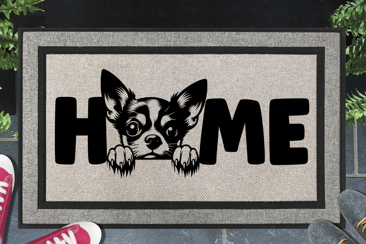Doormat with a dog illustration and 'HOME' text on a textured surface.