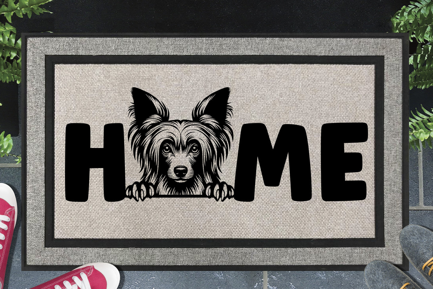 Chinese Crested Doormat #2 all weather mat with dog breed design placed at front door entryway