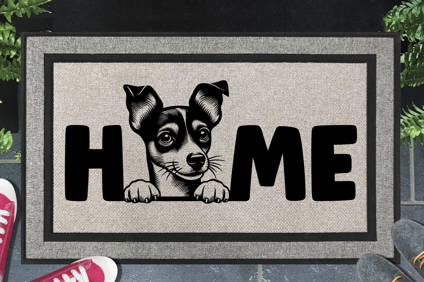 Toy Fox Terrier all weather doormat with home text displayed in doorway entryway
