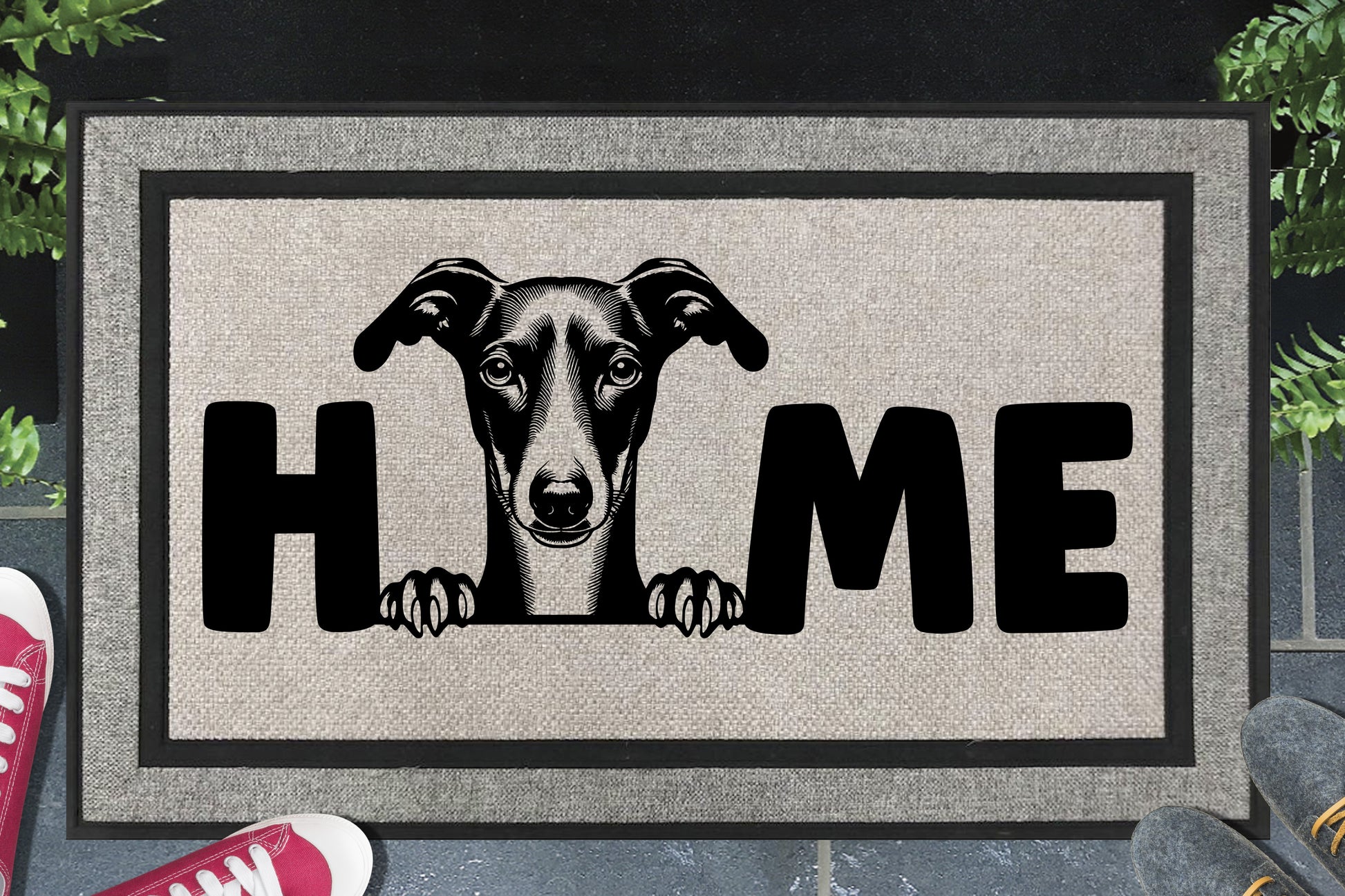 Italian Greyhound doormat on front porch entryway showing all-weather rubber texture and breed graphic with home text