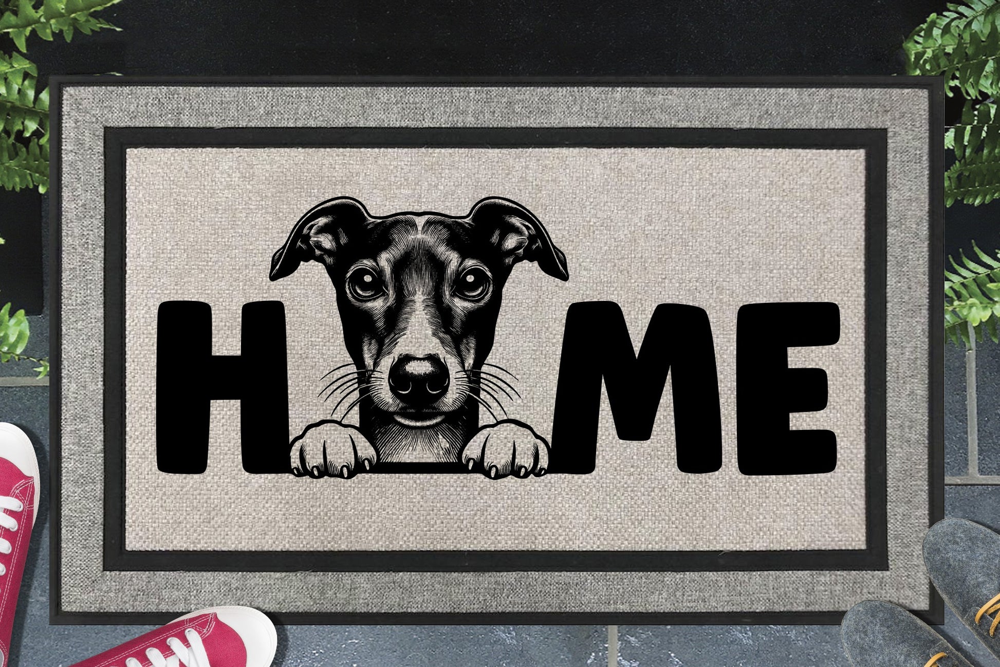 Italian Greyhound Doormat #3 - All weather rubber welcome mat featuring Italian Greyhound breed design with 'home' text and non-slip backing