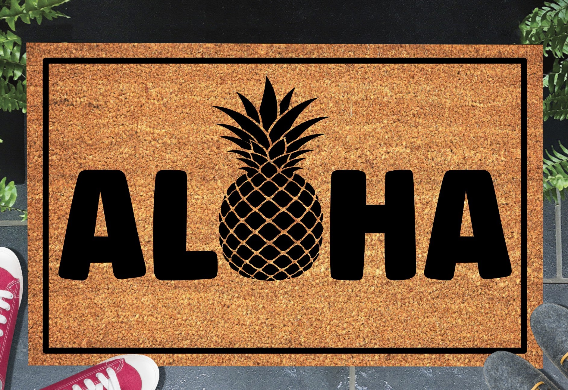 Aloha Doormat #1 with Hawaiian welcome text placed at front door entryway