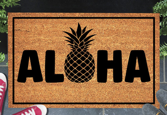 Aloha Doormat #1 with Hawaiian welcome text placed at front door entryway