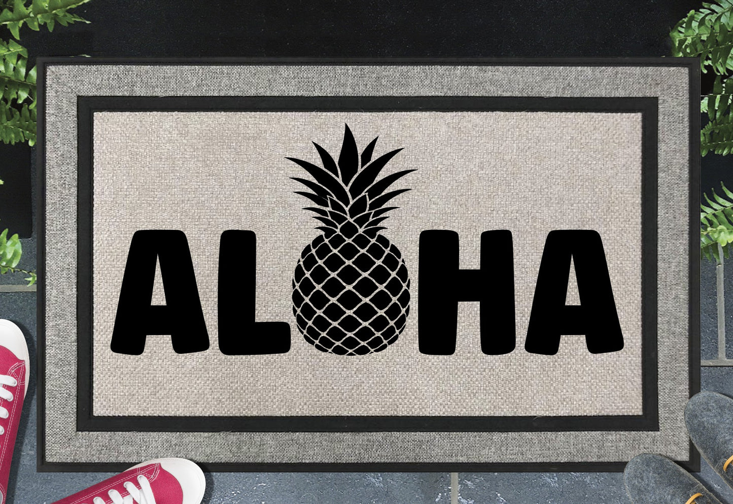 Aloha Doormat #1 all weather mat with Hawaiian welcome text placed at front door entryway