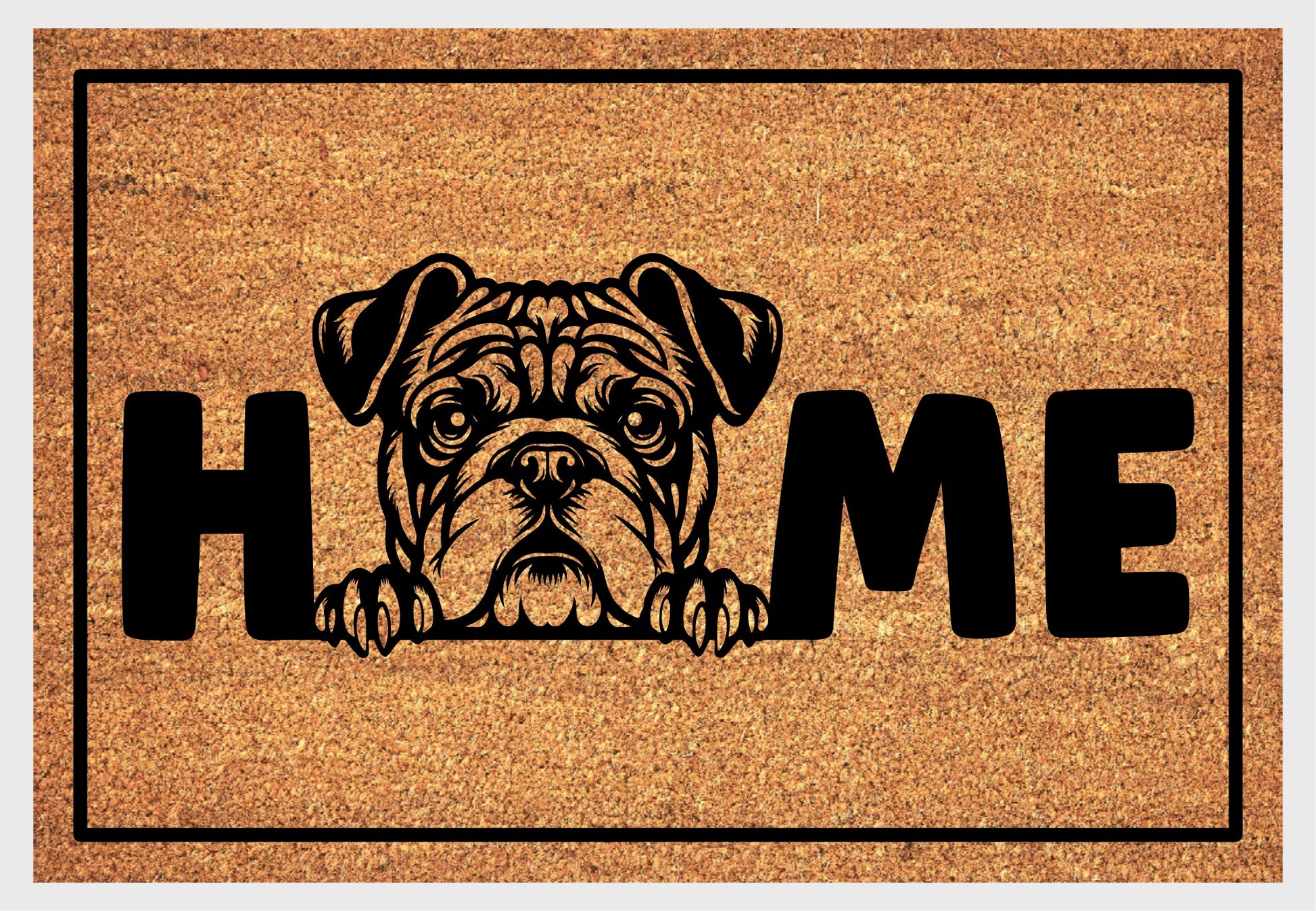 American Bulldog HOME doormat flat lay — natural tan coir mat, wrinkle-faced American Bulldog head and paws illustration replaces the letter O in HOME, available in 16x24, 18x30, and 24x36