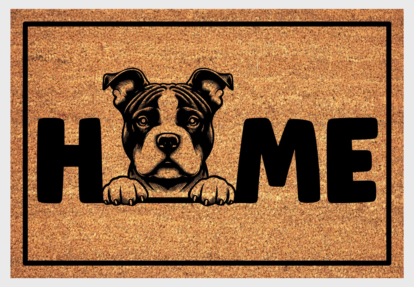 American Bulldog natural coir doormat — American Bulldog illustration replaces the letter O in HOME, textured coir fiber surface