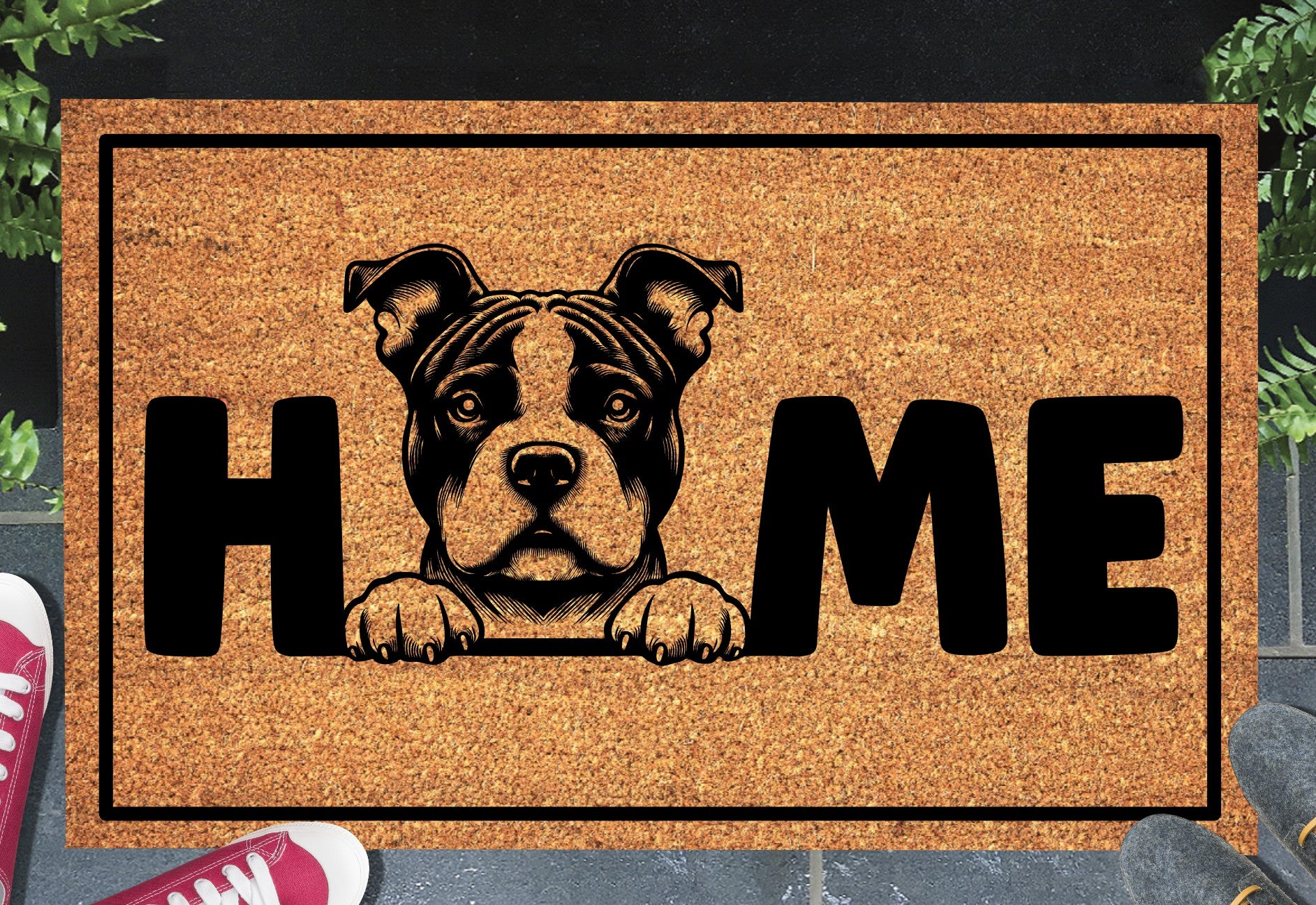 American Bulldog natural coir doormat styled at a front door entryway — American Bulldog illustration replaces the letter O in HOME