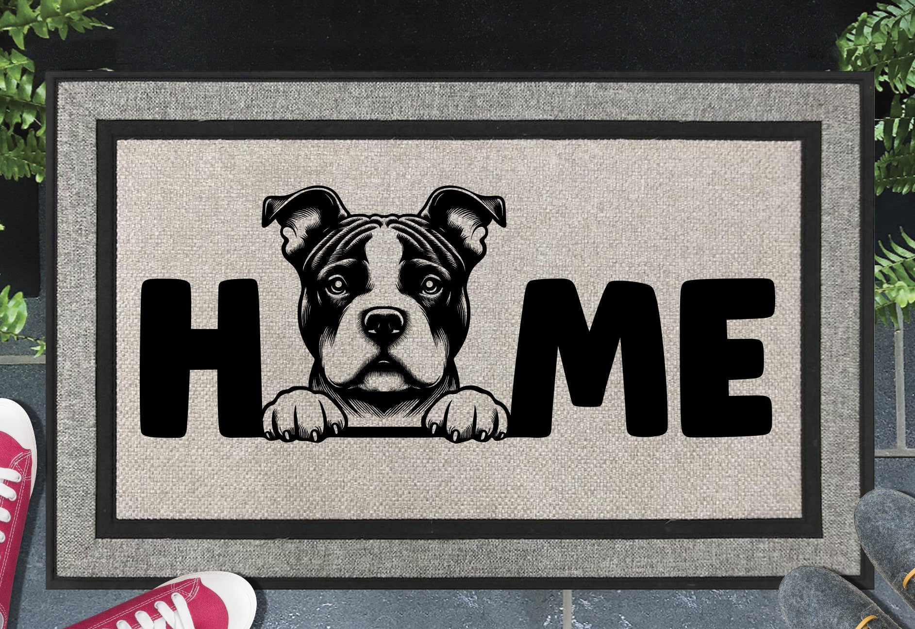 American Bulldog all-weather doormat — American Bulldog illustration replaces the letter O in HOME, woven polyester linen-look finish, 18x30