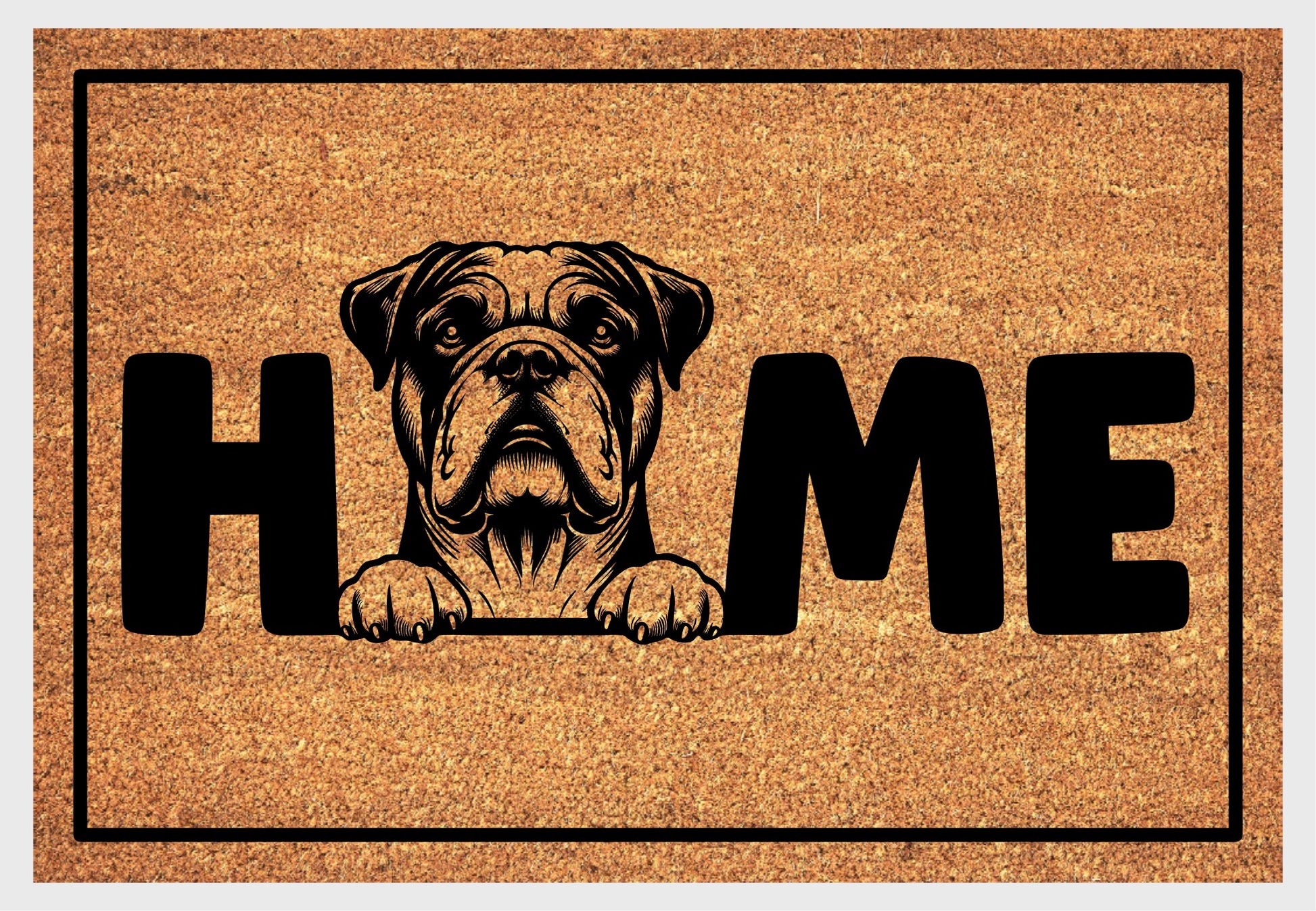 American Bulldog HOME doormat flat lay — natural tan coir mat, American Bulldog head and paws illustration replaces the letter O in HOME, available in 16x24, 18x30, and 24x36