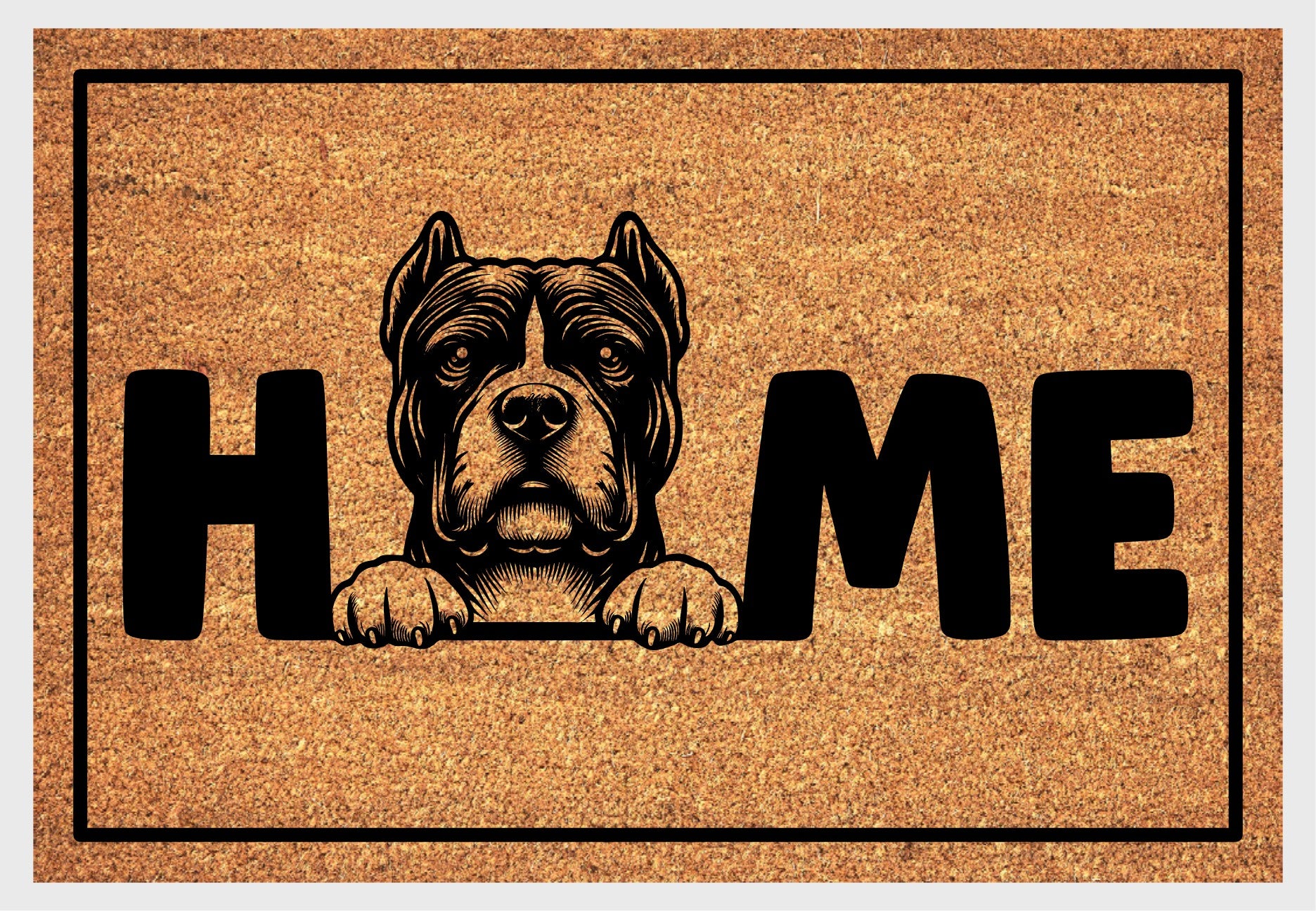 American Bully coir doormat flat lay — Bully illustration replacing the letter O in "HOME", natural coir home décor mat