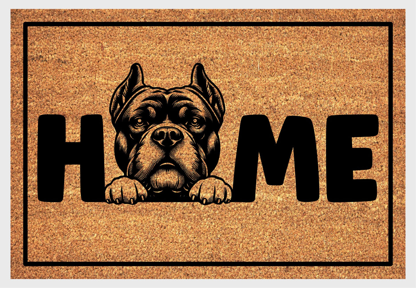  American Bully coir doormat flat lay — Bully illustration replacing the letter O in "HOME", natural coir home décor mat