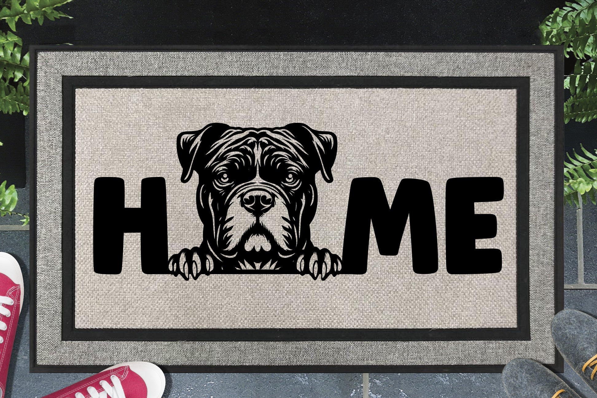 Standard American Bully all-weather doormat in a doorway — Bully illustration replacing the letter O in "HOME", UV-cured inks on woven polyester, front door entryway