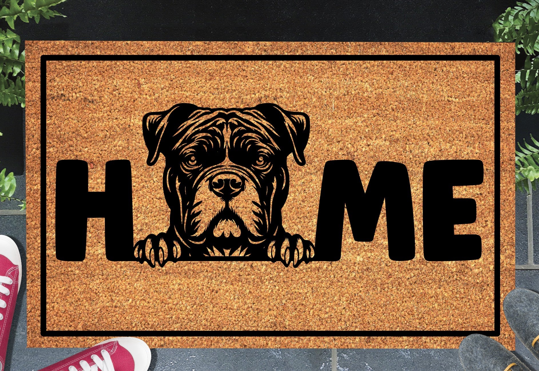 Standard American Bully coir doormat in a doorway — Bully illustration replacing the letter O in "HOME" on natural coir, front door entryway