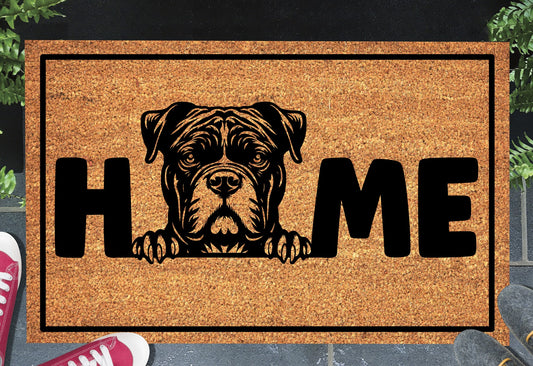 Standard American Bully coir doormat in a doorway — Bully illustration replacing the letter O in "HOME" on natural coir, front door entryway