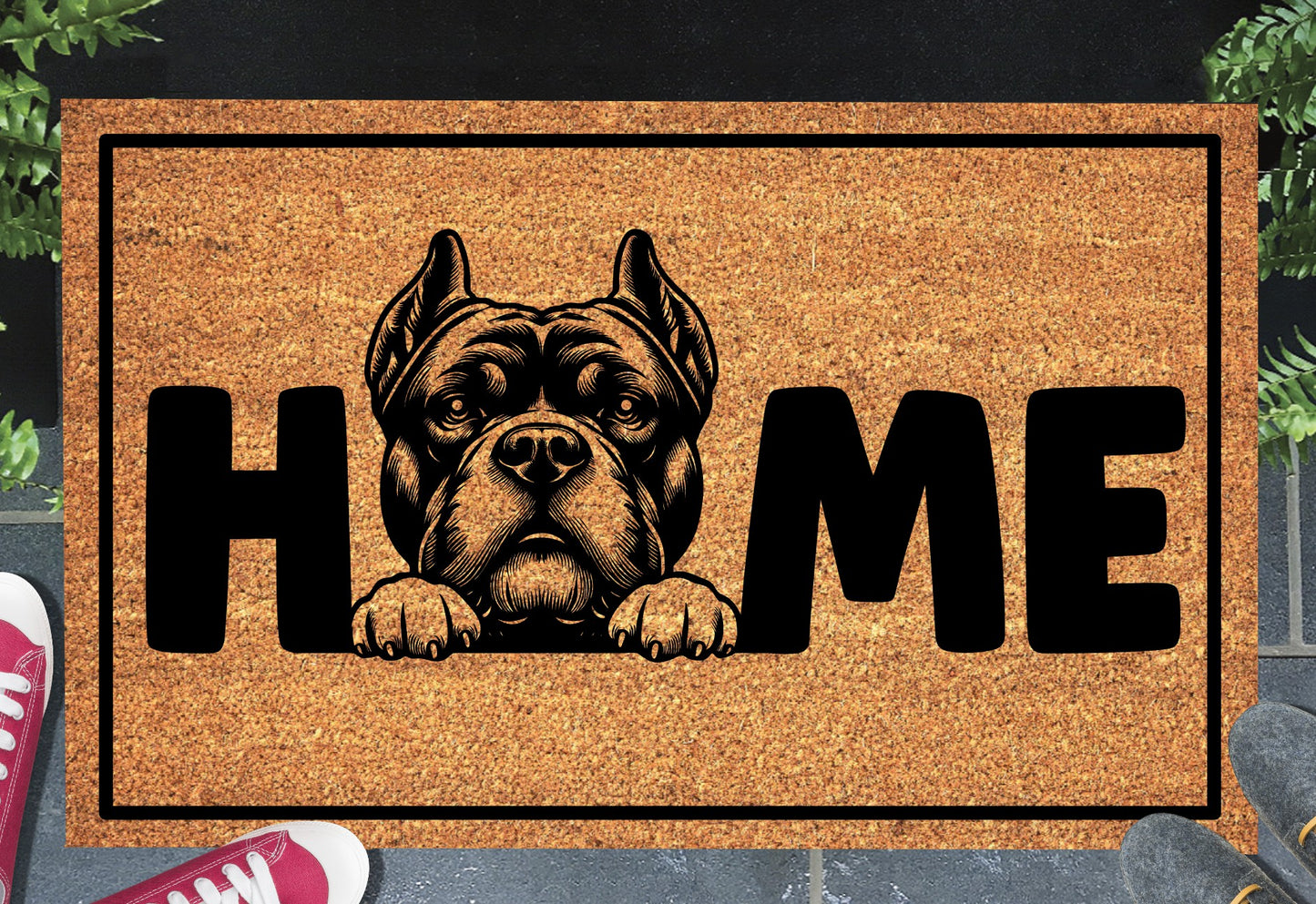 American Bully coir doormat in a doorway — Bully illustration replacing the letter O in "HOME" on natural coir, front door entryway