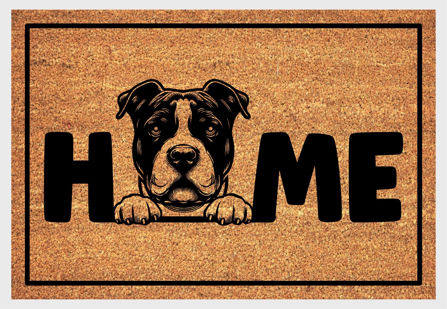 American Bully coir doormat flat lay — Bully illustration replacing the letter O in "HOME", natural coir home décor mat