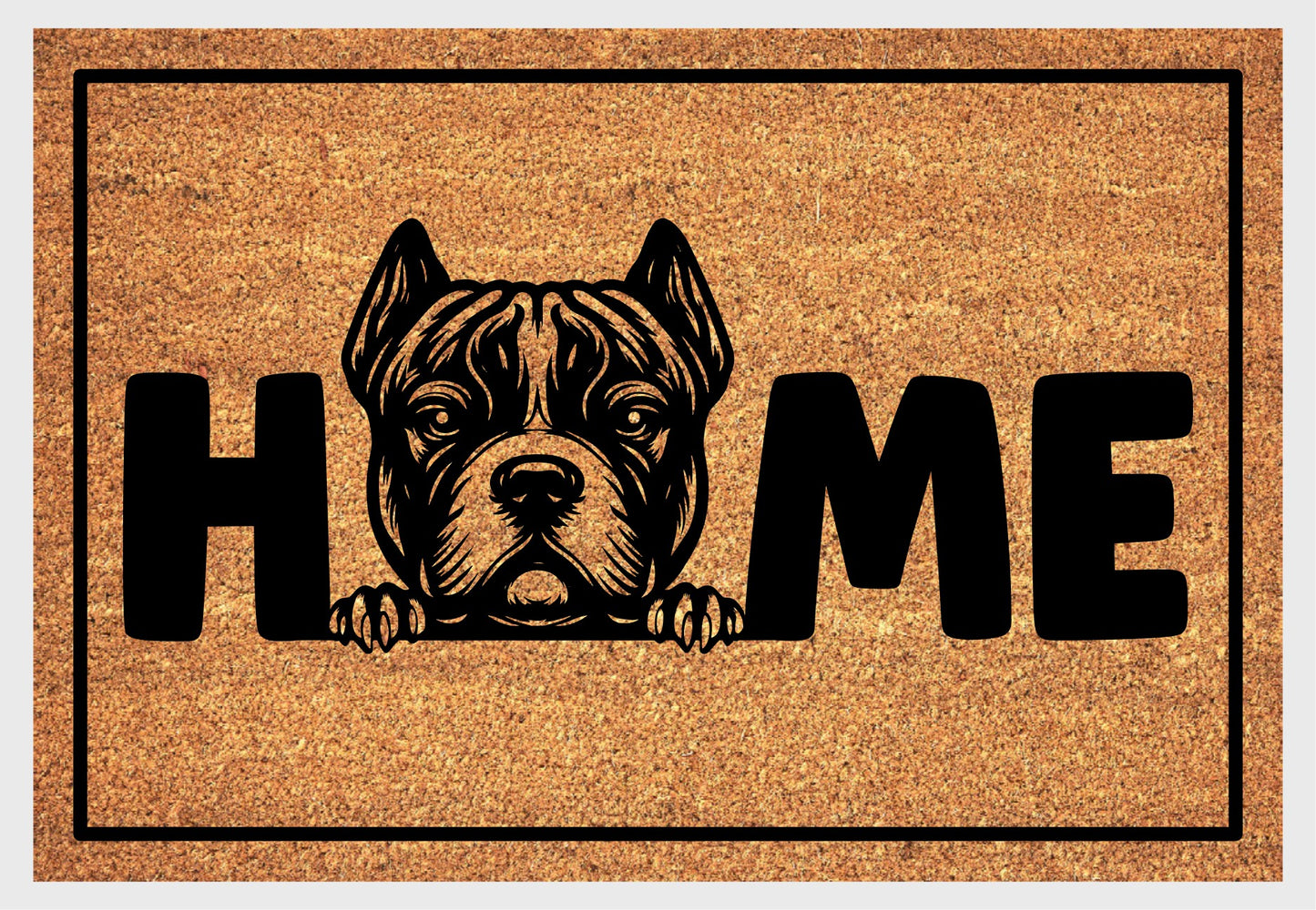 American Bully XL coir doormat flat lay — XL Bully illustration replacing the letter O in "HOME", natural coir home décor mat