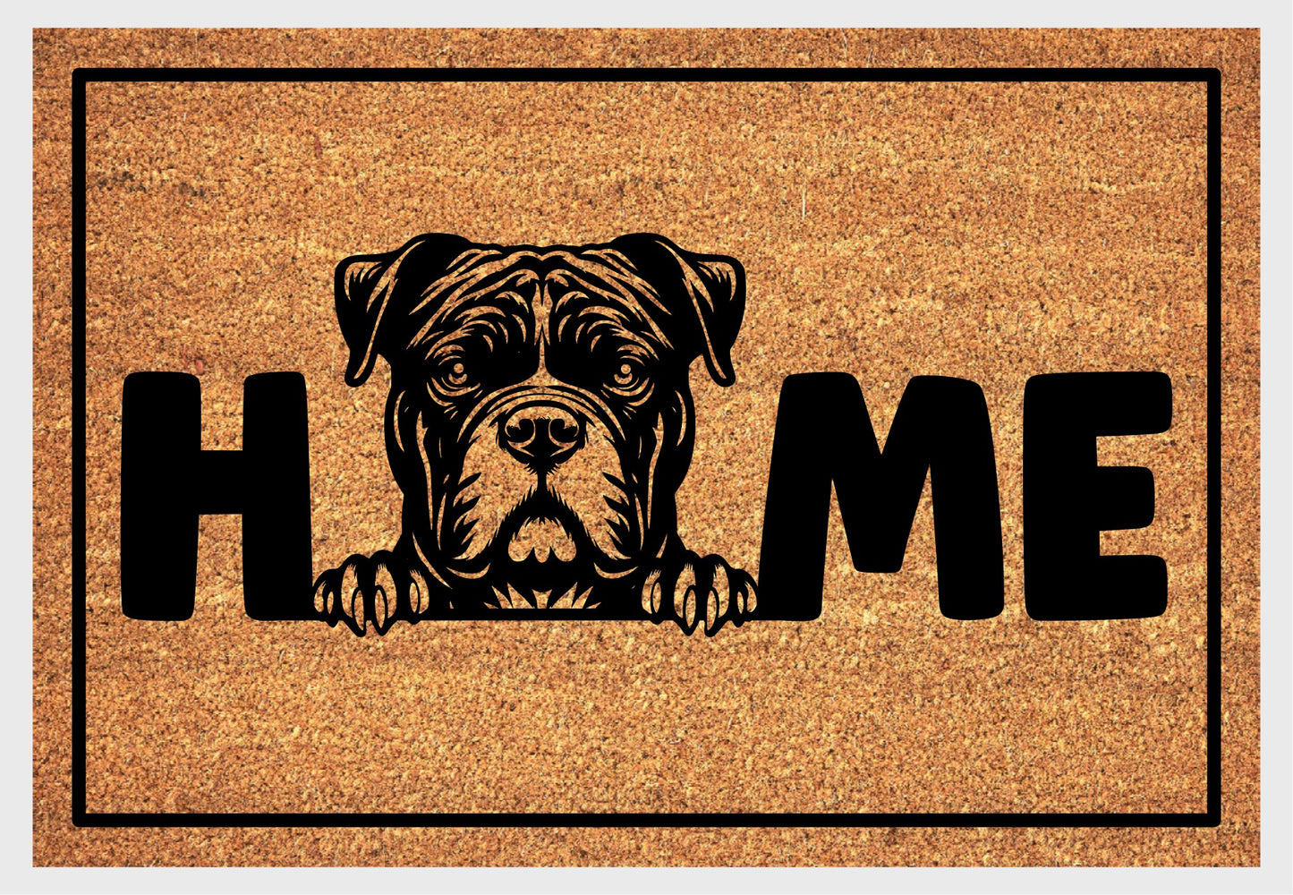 Standard American Bully coir doormat flat lay — Bully illustration replacing the letter O in "HOME", natural coir home décor mat