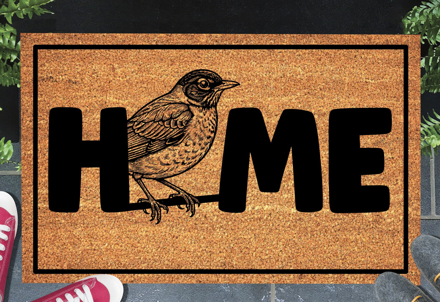 American Robin doormat in entryway – natural coir robin welcome mat