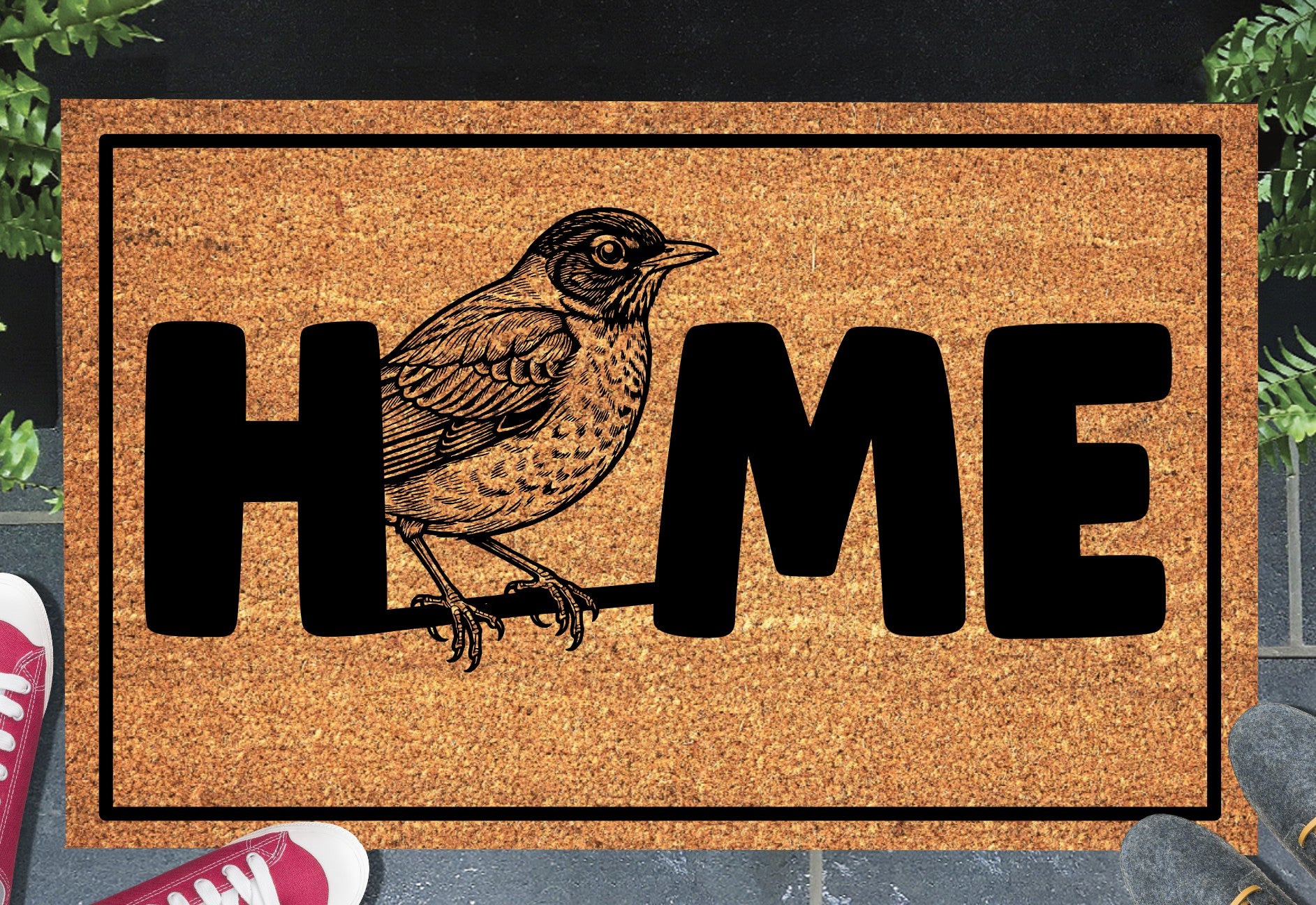 American Robin doormat in entryway – natural coir robin welcome mat