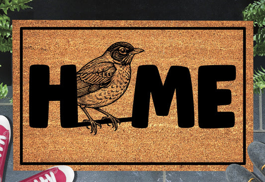 American Robin doormat in entryway – natural coir robin welcome mat