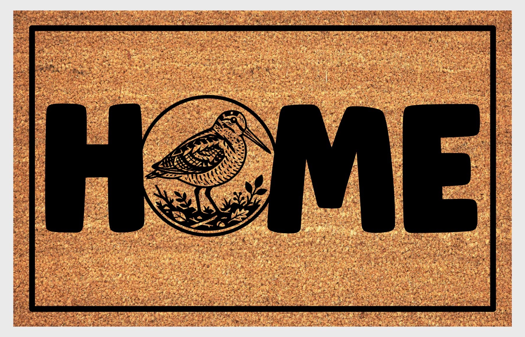 American Woodcock doormat #2 flat lay — dancing bird design on natural fiber
