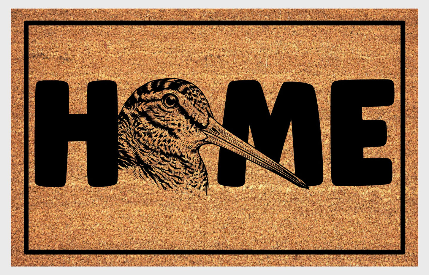 American Woodcock coir doormat — detailed Timberdoodle head portrait with extended bill replaces the letter O in HOME, natural coir fiber