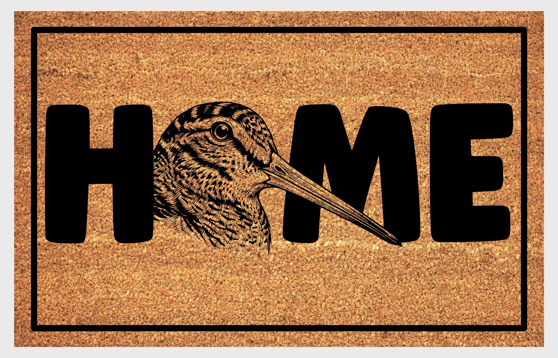 American Woodcock coir doormat — detailed Timberdoodle head portrait with extended bill replaces the letter O in HOME, natural coir fiber