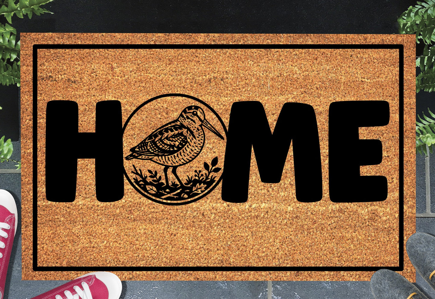 American Woodcock doormat #1 shown at front door entryway — natural coir with non-slip backing