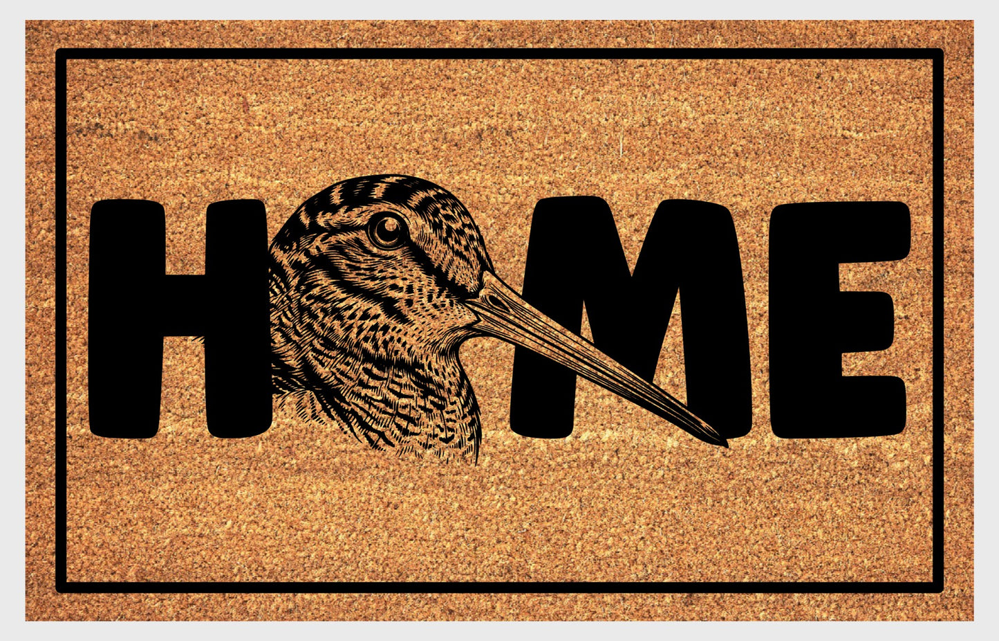 American Woodcock doormat #2 flat lay — dancing bird design on natural fiber