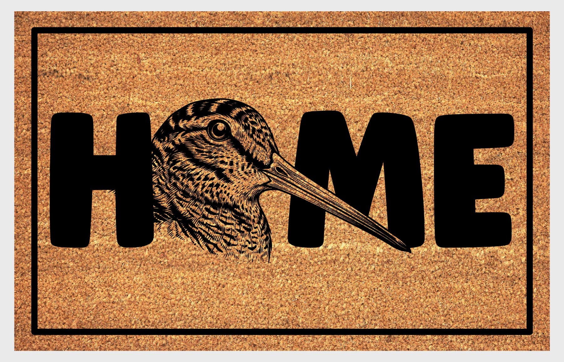 American Woodcock doormat #2 flat lay — dancing bird design on natural fiber