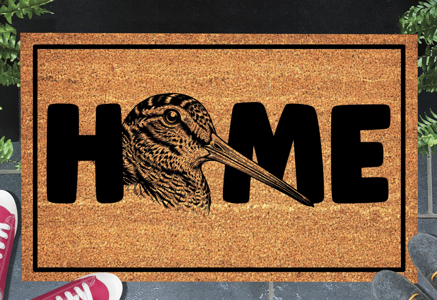 American Woodcock doormat #2 shown at front door entryway — natural coir with non-slip backing
