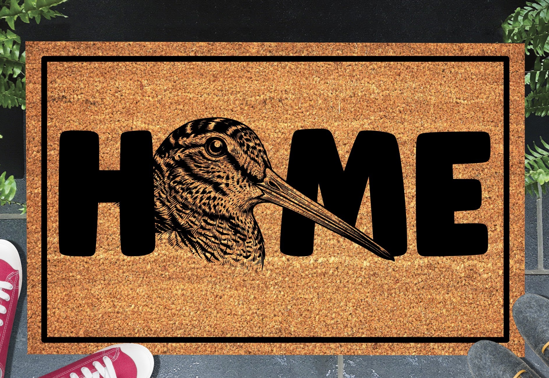 American Woodcock doormat #2 shown at front door entryway — natural coir with non-slip backing
