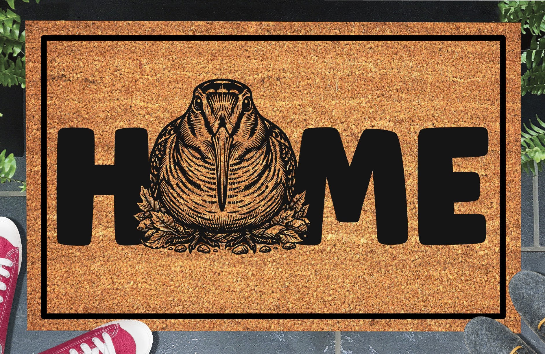 American Woodcock coir doormat in entryway — front-facing Sky Dancer full-body portrait with bill pointing forward replaces the letter O in HOME on natural coir