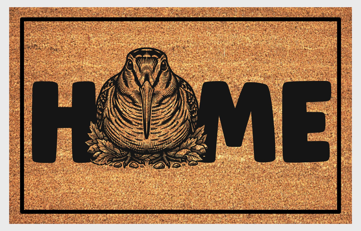 American Woodcock coir doormat — front-facing Sky Dancer full-body portrait with bill pointing forward replaces the letter O in HOME, natural coir fiber